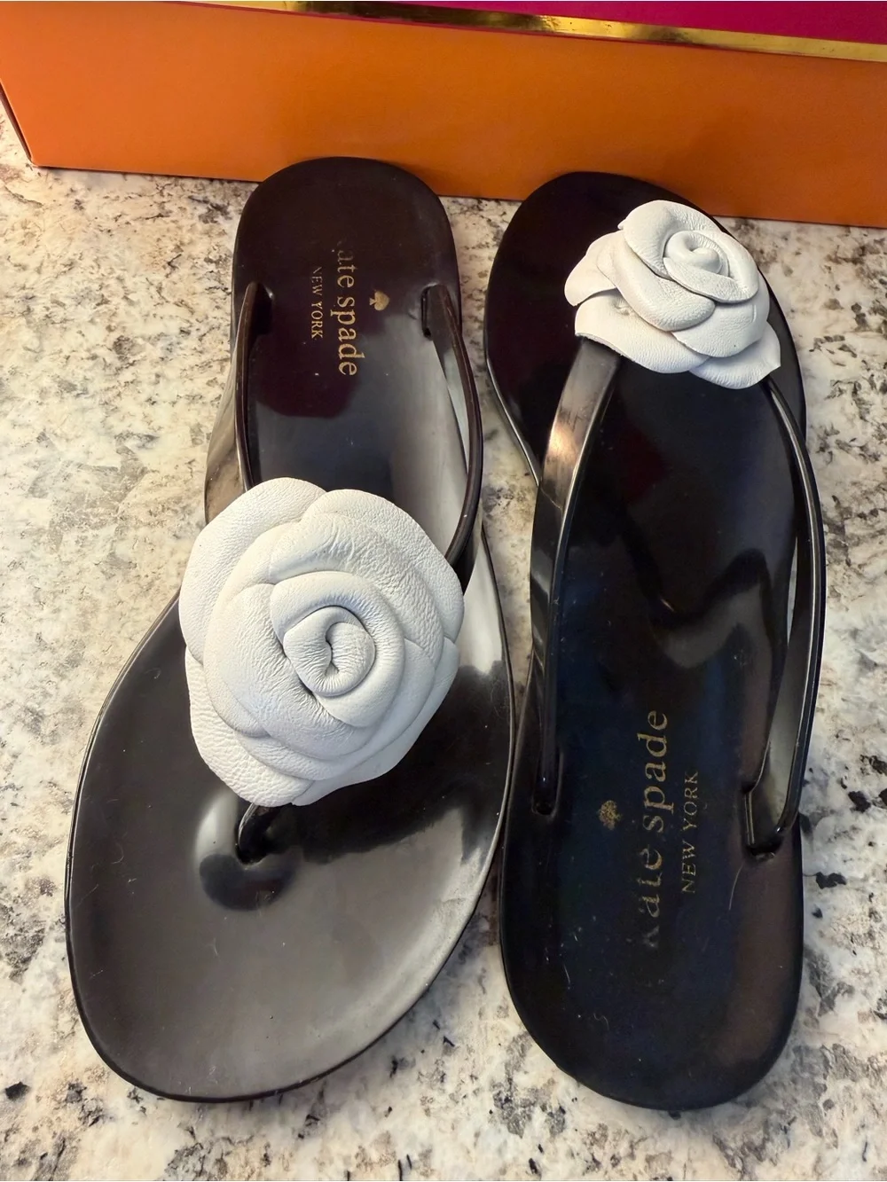 kate spade Black Jelly Sandals with White Floral Accent flower rose cute